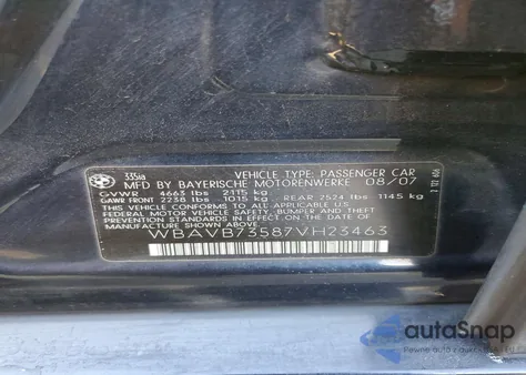 2007 BMW 335 I from USA, damaged, VIN WBAVB73587VH23463